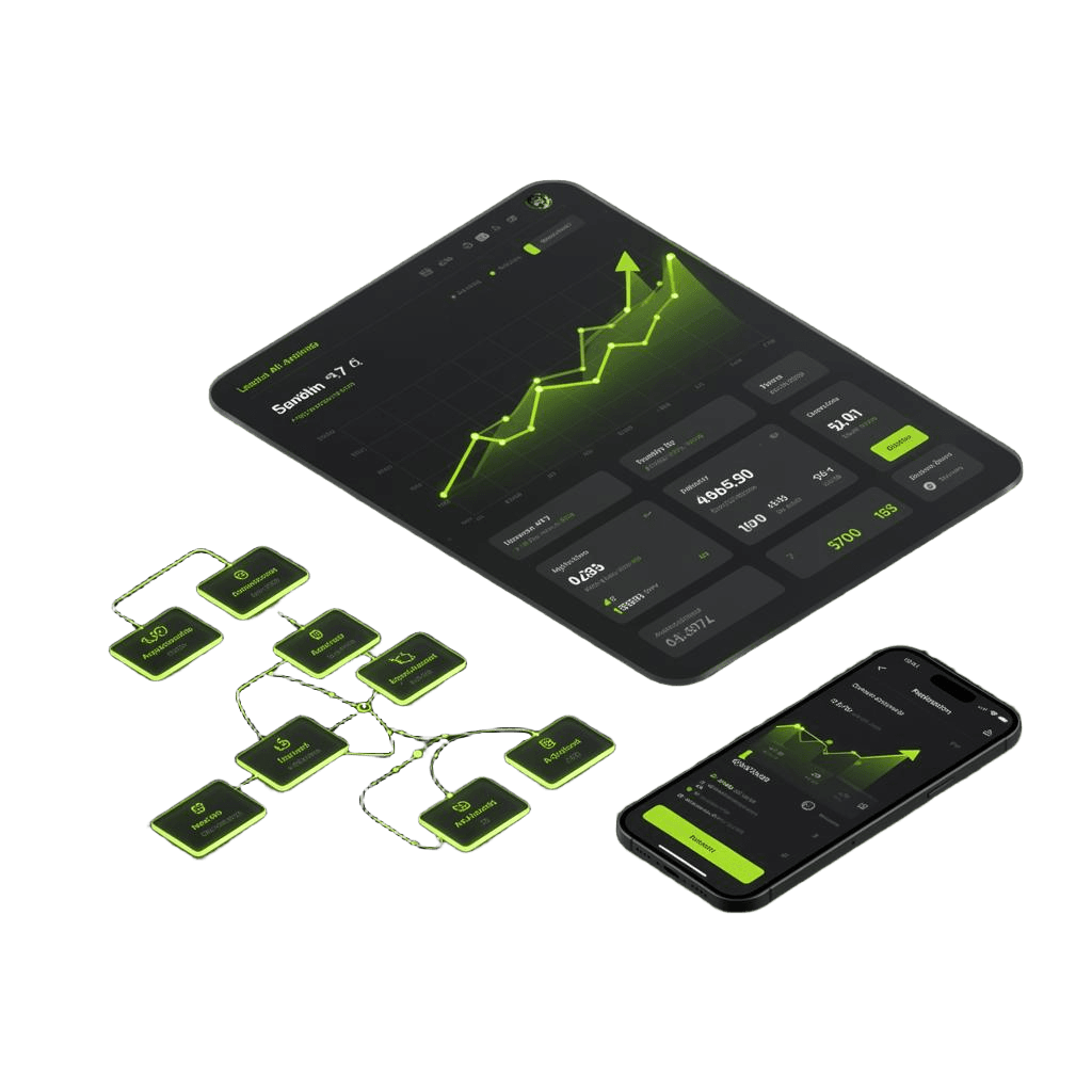 3D analytics dashboard showing growth charts, leads generated and AI automation workflows